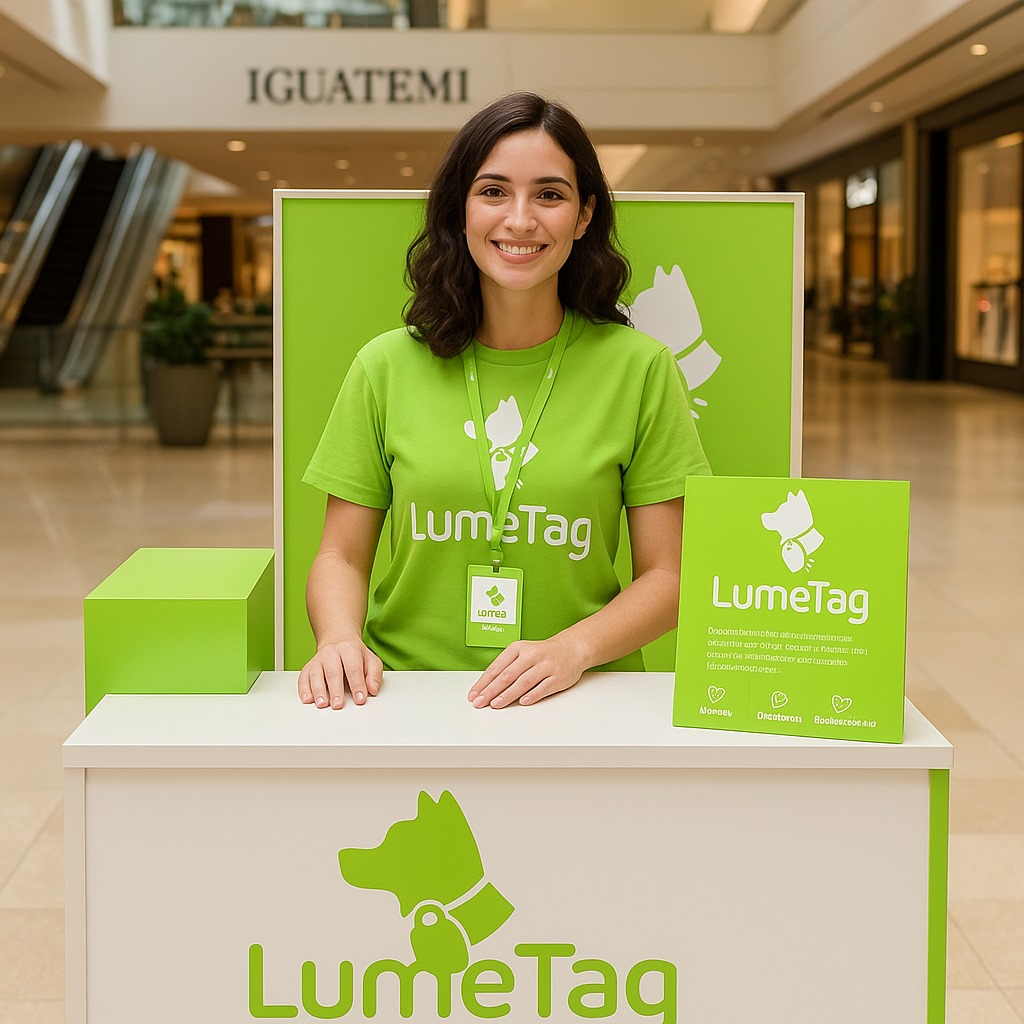 Stand da Lumetag no Shopping Iguatemi com atendente sorrindo